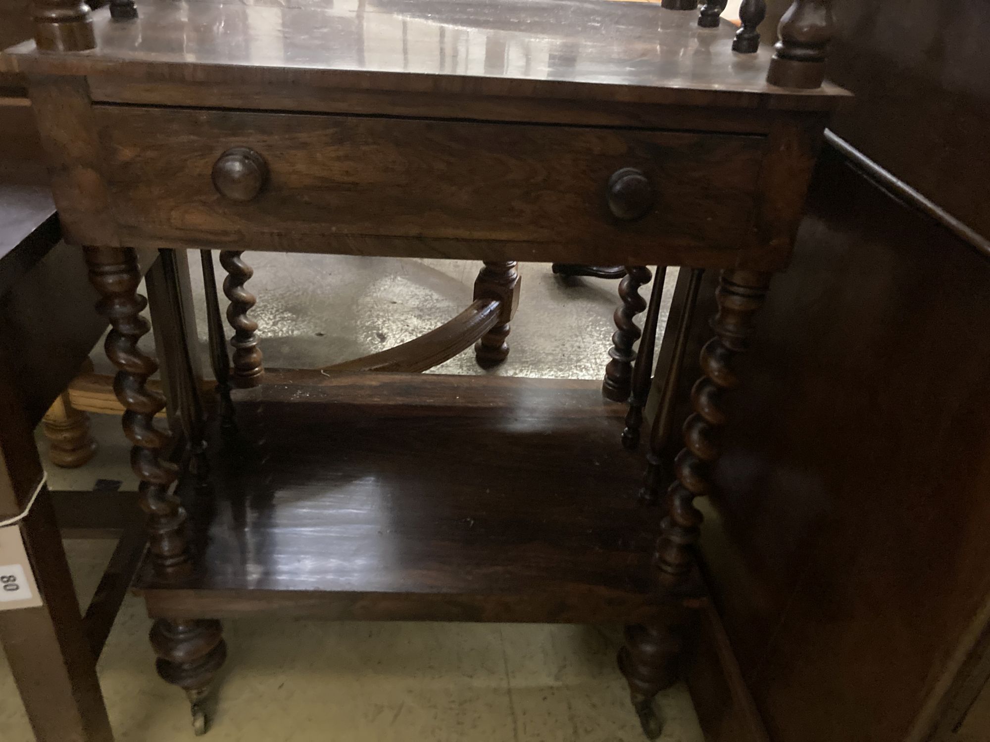 A Victorian rosewood three tier whatnot, width 50cm depth 36cm height 108cm